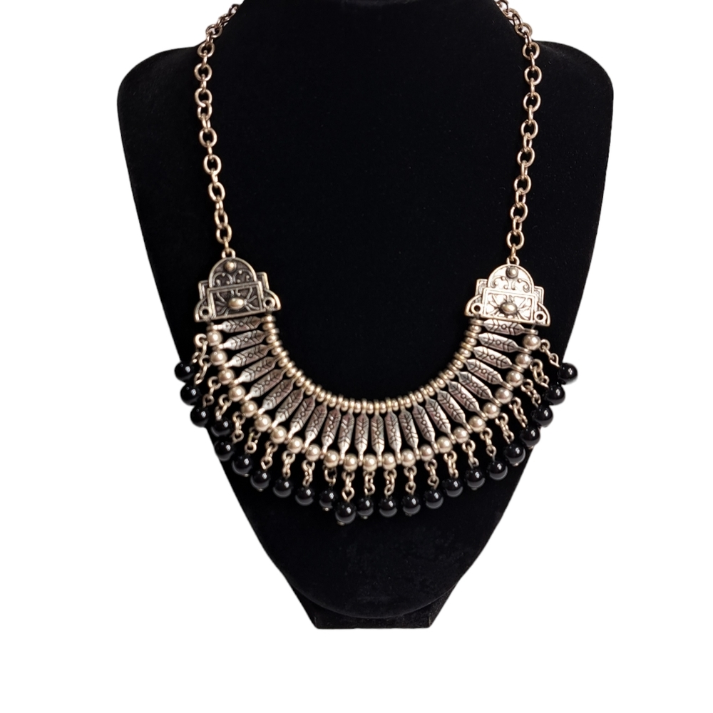 VINTAGE Women's Silverโ Tone Black Beaded Necklace 8.5 Inches